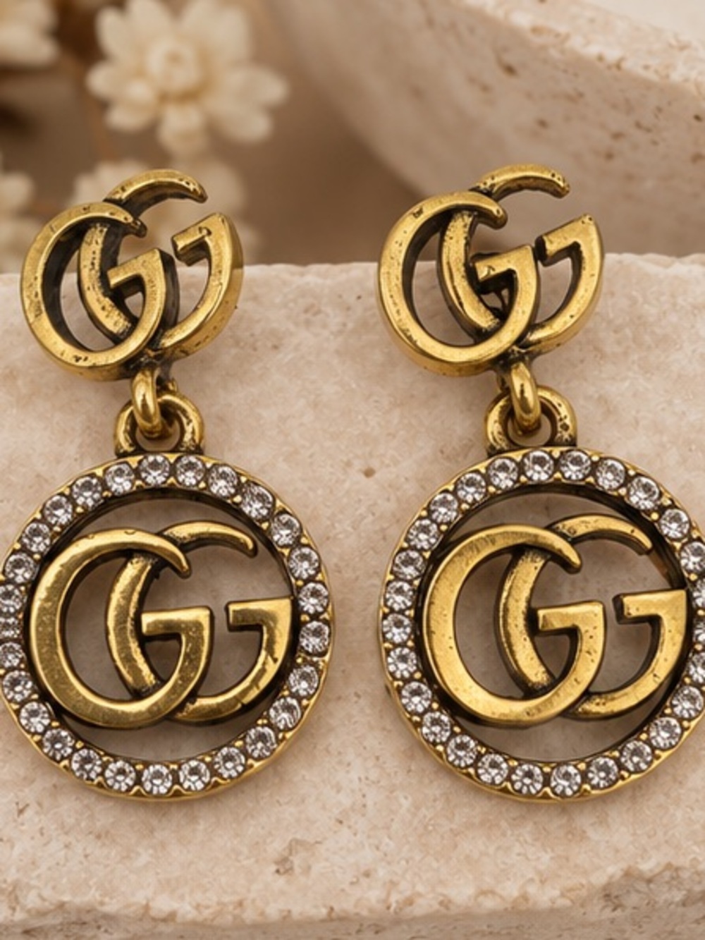 Designer Inspired Gold GG Rhinestone Drop Earrings